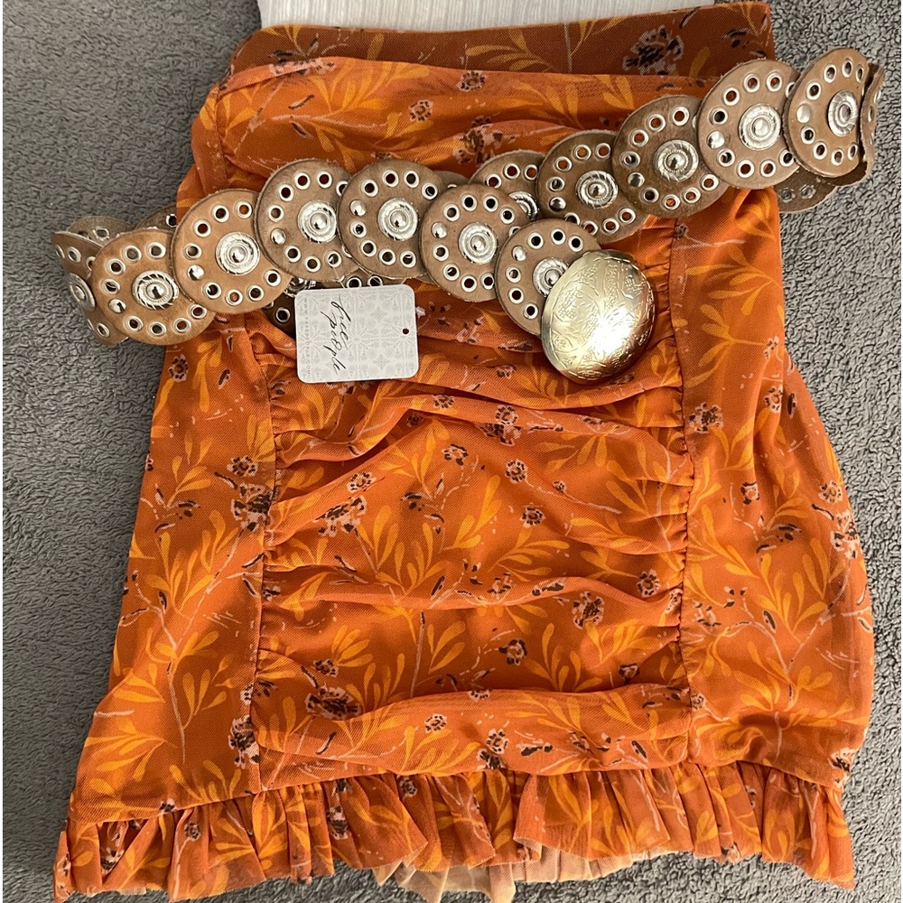 Free People Orange Ruched Mini Skirt